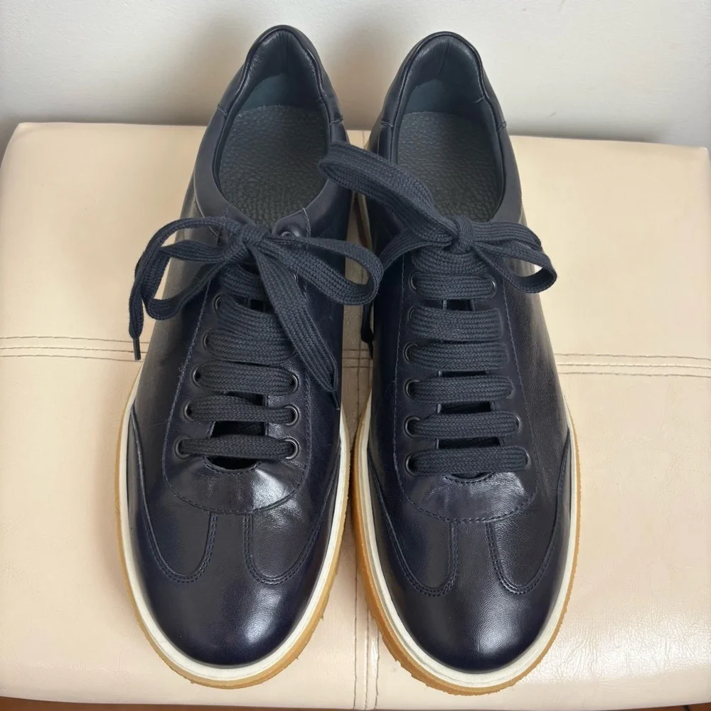 ISAIA Napoli Goat Leather Sneakers in Navy Blue Size 9 NWOT